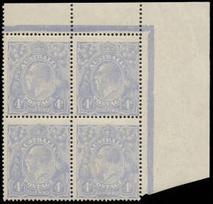 4d Ultramarine (Cooke Plates), upper right corner block (4) incorporating the varieties "Left frame broken at top" [R6] and "Thin FOUR PENCE - later state (deteriorated)" [R12] - referred to as the 3rd State by Davidson & Dix. A very fine positional piece