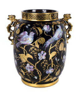 Ceramic vase with enamel bird and floral decoration with finely gilded highlights, Bohemian, 19th century,