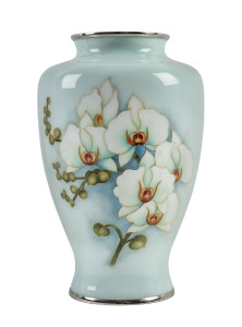 A Japanese cloisonne vase, silver wirework with orchid decoration on blue ground, Meiji period,