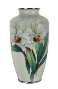 A Japanese cloisonne vase, silver wirework with iris decoration on green ground, Meiji period,
