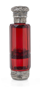 Ruby glass and sterling silver double ended scent bottle with vinaigrette end, smelling salts compartment & scent bottle end, English, circa 1875,