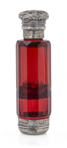 Ruby glass and sterling silver double ended scent bottle with vinaigrette end, smelling salts compartment & scent bottle end, ​English, circa 1875,