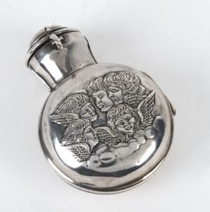 A chorus of angels sterling silver scent bottle with green glass lift out insert, by Henry Matthews, Birmingham, circa 1897,