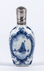 A Dutch Delft porcelain scent bottle with silver top, circa 1890,