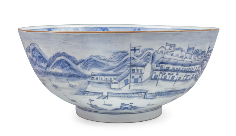 A Chinese porcelain punch bowl depicting an early view of the Hongs or factories at Canton (Guangzhou), 18th century,