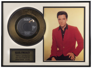 ELVIS PRESLEY, a limited edition "Viva Las Vegas" 24ct gold-plated 45RPM record; attractively framed & glazed together with a portrait of Presley. Overall 31 x 41cm.