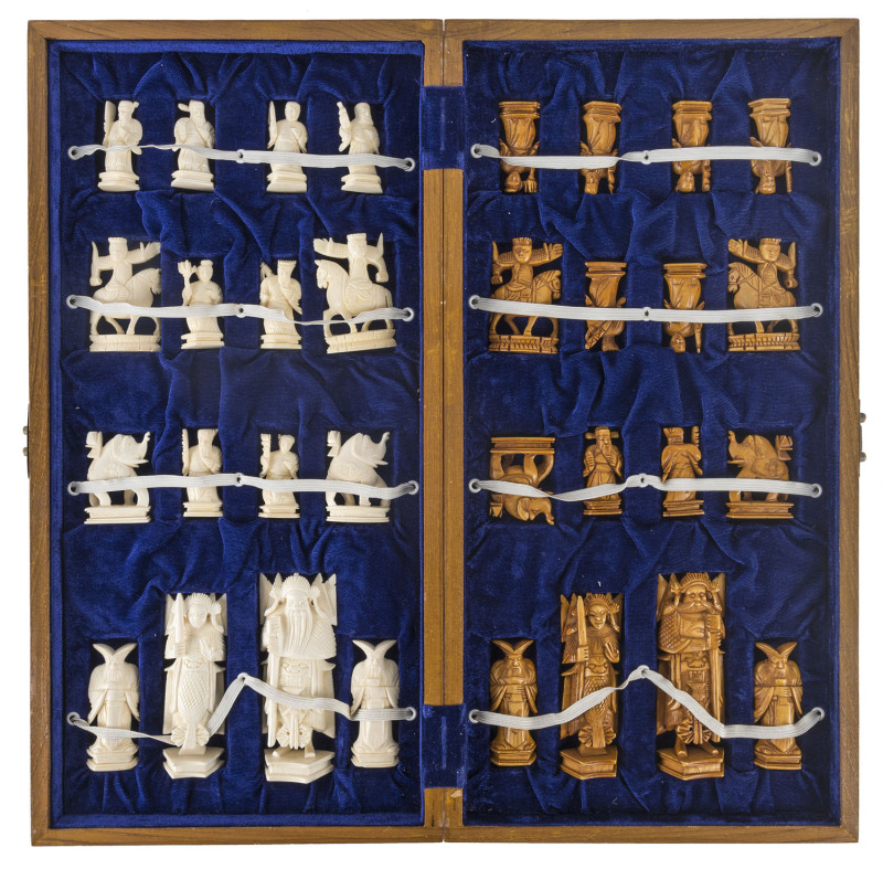 A Chinese carved ivory chess set, mid 20th century,