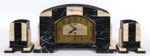 An Art Deco three piece clock set, black marble and alabaster, circa 1925,