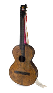 Julius Heinrich Zimmermann rare seven-string guitar adorned with numerous signatures and inscriptions from the early 1930s pertaining to the "DON COSSACK CHOIR", housed in original button up soft canvas cover, labeled "Jul. Heinr. Zimmermann, Berlin-Leipzig", early 20th century