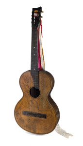 Julius Heinrich Zimmermann rare seven-string guitar adorned with numerous signatures and inscriptions from the early 1930s pertaining to the "DON COSSACK CHOIR", housed in original button up soft canvas cover, labeled "Jul. Heinr. Zimmermann, Berlin-Leipz