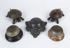 Group of five antique shop counter bells, American and English, 19th century,
