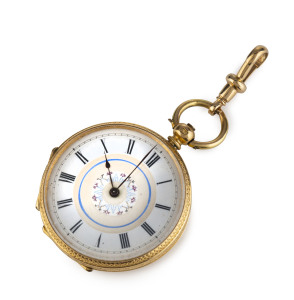 An 18ct yellow gold cased ladies pocket watch with coloured dial, 19th century,