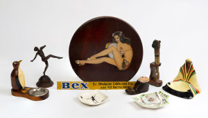 Tobacciana, bottle opener, Art Deco metal statue, wooden pin-up girl plaque, pin cushion and ashtrays, early to mid 20th century,