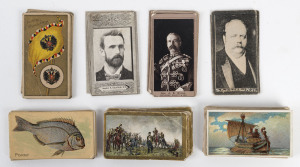 AMERICAN TOBACCO COMPANY issues for Australia comprising 1901 "Australian Parliament" (4), "Battle Scenes" (13), "Boer War Series II" (5), 1900 "Celebrities" (3), 1910 "Fish from American Waters" (15), 1895 "National Flags & Arms" (6), 1900 "Old & Ancient Ships (23). Cat. approx. £600. Mixed condition.