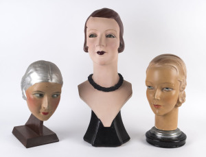 Three vintage Art Deco shop display busts, painted plaster, circa 1920s,