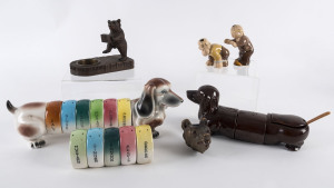 Novelty dachshund spice racks and assorted jars, condiment set, ornaments and Black Forest ornaments, 20th century,