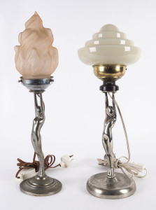 Two Art Deco Diana lamps, nickel plated bases with glass shades, circa 1930,