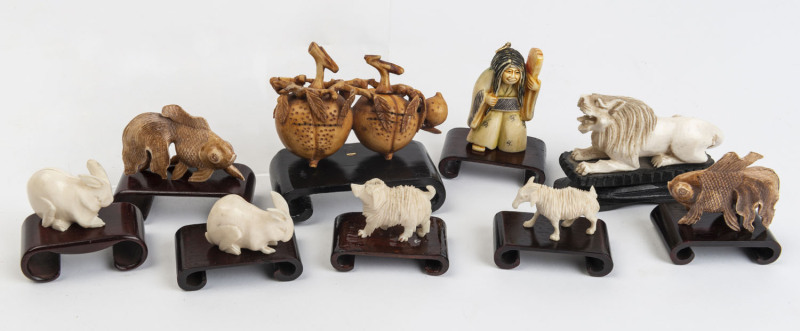Nine assorted ivory statues, netsuke and scent bottle, Japanese and Indian, 20th century,