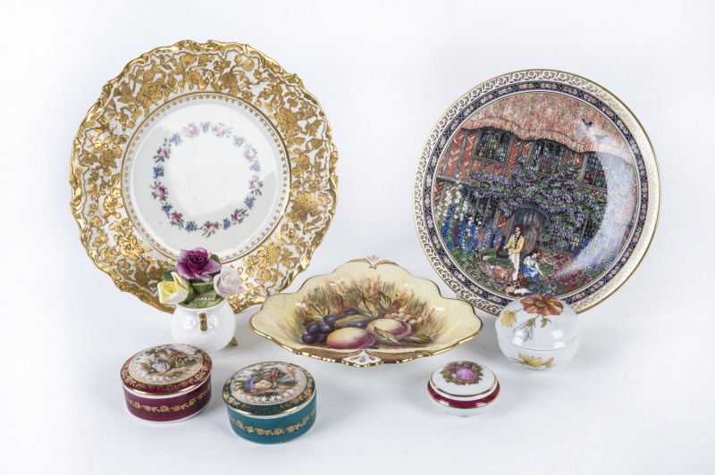 Aynsley fruit dish, Doulton plate, Hammersley China plate, Coalport floral group and 4 porcelain pillboxes, 20th century,