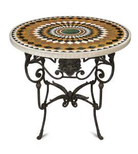 Sampler stone top round conservatory table with iron base, French, 19th/20th century,