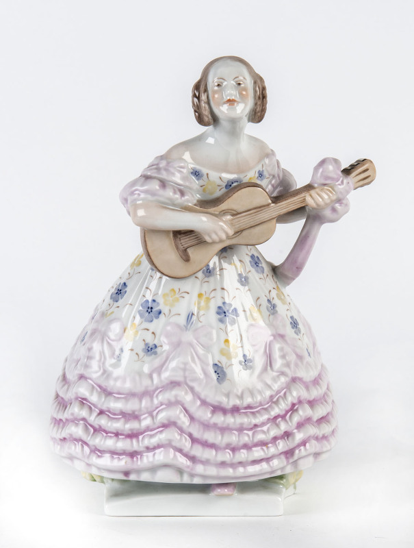 Herend Porcelain figure of a woman playing guitar, mid 20th century, blue backstamp "Herend, Hungary, Handpainted",