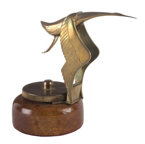 HISPANO SUIZA replica car Mascot, hand-crafted in brass by Jonathan White and mounted on a wooden plinth, 20th century,