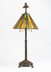 A bronze based table lamp with leadlight shade, early 20th century,