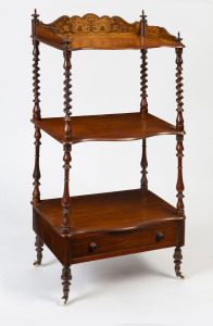 An English wotnot, mahogany and pine with barley twist columns and single drawer, circa 1865,