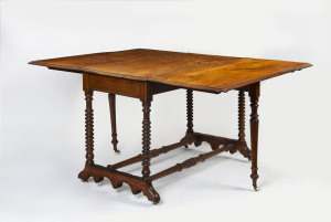 An Australian Colonial drop-side table with twin stretcher base and bobbin reel legs, blackwood, South Australian origin, 19th century, 76cm high, 151cm wide, 115cm deep