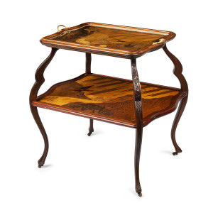 Émile Gallé (attributed) French Art Nouveau drinks trolley, marquetry inlaid with lift-off tray top and ormolu fittings, circa 1900,