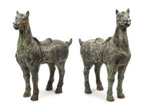 A pair of Chinese bronze horse statues with ornate brass inlay, 19th/20th century,