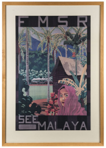 "SEE MALAYA, F.M.S.R." facsimile travel poster in timber frame,