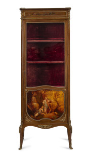 A French vitrine with hand painted scenes and ormolu mounts, late 19th century,