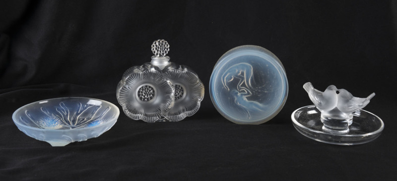 LALIQUE & SABINO French frosted glass dish, perfume bottle, ring tray and cover, 1930s to 1980s,