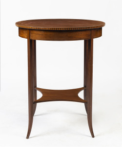 A Sheraton revival circular occasional table, walnut with barber pole inlay, circa 1900