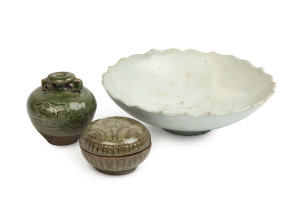 A Chinese celadon lobed bowl, most likely 14th century and two miniature celadon vessels, most likely Vietnamese 19th/20th century