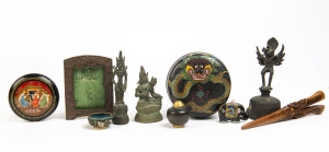 Chinese Cloisonne ware, bronze bell and Hindu figures, antique Chinese sandalwood glove stretcher, Japanese metal picture frame, and a Russian folk art box, 19th/20th century,