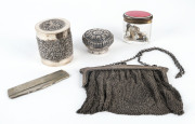A silver plated mesh purse, Eastern silver jars, enamel topped vanity jar, silver plated comb, 19th century