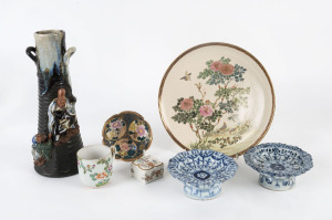 Group of eight items including Japanese ceramics, Satsuma, Sumida Gawa vase, woodblock etc, 20th century