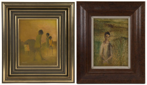 I,) WILLIAM DREW (1928-1983), portrait of a man, oil on board, signed lower right "W Drew", 18cm x 13cm II.) KEN WILLES (Australian), 'Those Deplorable Colonial Children", oil on board, signed lower left "Willes", 18cm x 14cm