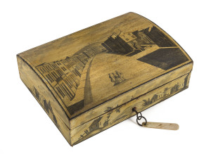 A rare 18th century Belgian pen-work box, interior fitted with four additional boxes, inscribed "La Place De Sea Et La Fountaine Du Pouhon, 1773". Pouhon was famed for its mineral springs and associated spas visited by the aristocracy and wealthy middle classes in the 18th century, the four internal boxes are all adorned with scenes of various local spas including "La Geronsterre", "La Tonneley", "Le Watroz", and "La Suaveniere". With original key and ivory tag.