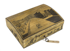 A rare 18th century Belgian pen-work box, interior fitted with four additional boxes, inscribed "La Place De Sea Et La Fountaine Du Pouhon, 1773". Pouhon was famed for its mineral springs and associated spas visited by the aristocracy and wealthy middle c
