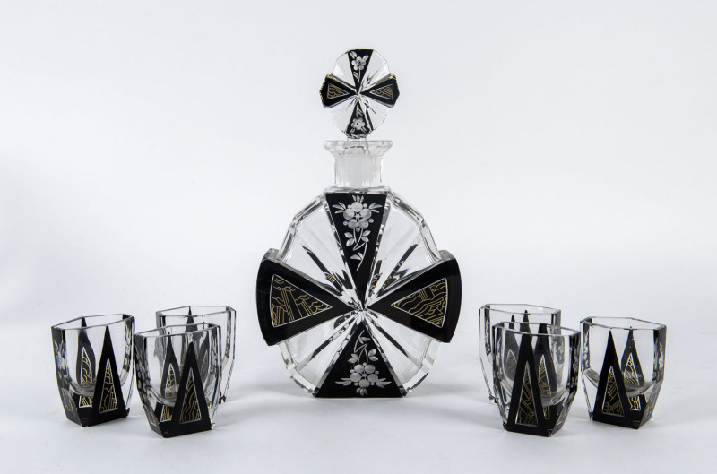 An Art Deco seven piece Bohemian glass decanter drinks set, circa 1920s,