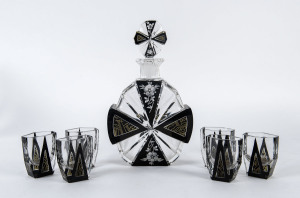 An Art Deco seven piece Bohemian glass decanter drinks set, circa 1920s,