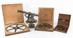 Three boxed instrument accessories and an antique theodolite, 19th century,