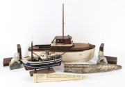 Two model boats, pair of Foo dog bookends and two reproduction scrimshaw tusks, 20th century,
