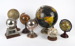 Seven assorted globes of the world, 20th century,