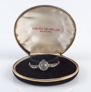 RIVANA Ladies cocktail watch, 18ct white gold case with 9ct white gold band set with 18 diamonds, retailed by Dunklings,
