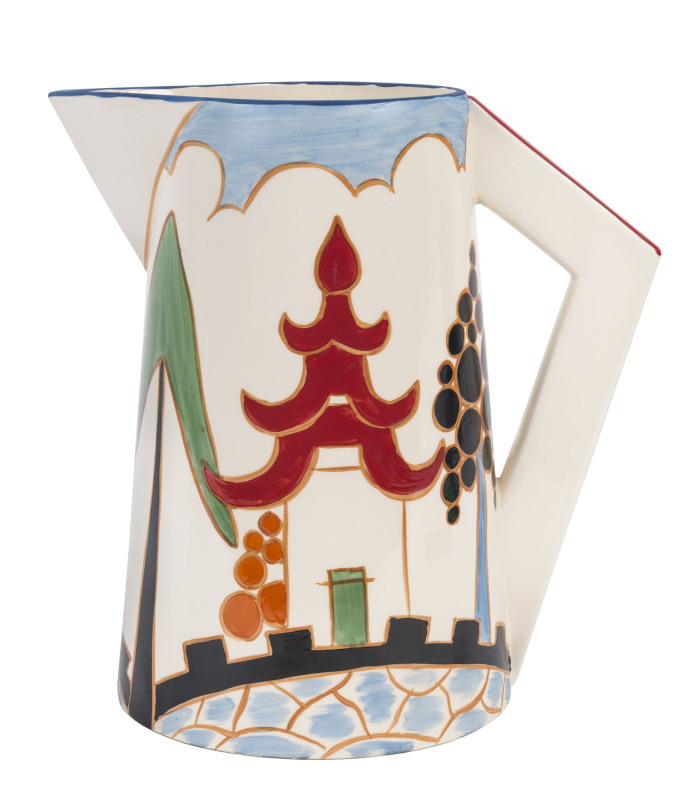 CLARICE CLIFF Wedgwood Bizarre Ware "Red Roof Pagoda" porcelain Kew jug, circa 2000 stamped "Bizarre By Clarice Cliff, Wedgwood, Made In England, Based upon an original, Hand painted",