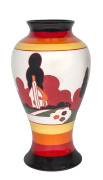 CLARICE CLIFF Wedgwood Bizarre Ware porcelain vase with orange roofed cottage, circa 2000 stamped "Bizarre By Clarice Cliff, Wedgwood, Made In England, Based upon an original, Hand painted",